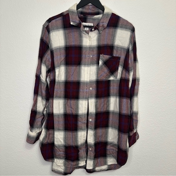 Ava & Viv Burgundy Plaid Button-Up Shirt with Cream Top Detail – Size 1X - Picture 1 of 5
